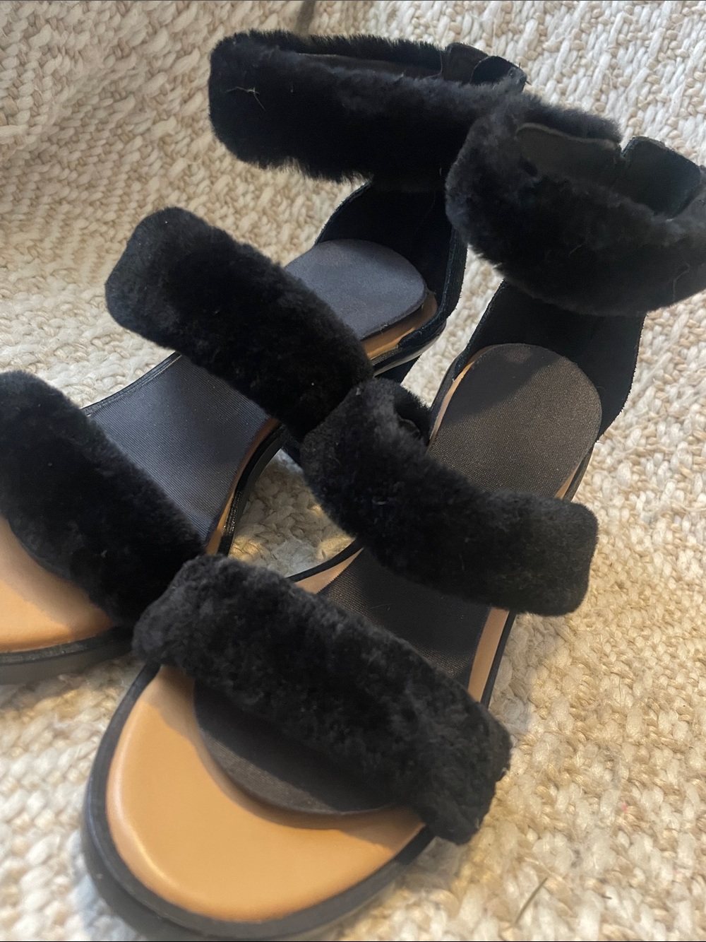 UGG Black Faux-Fur Strap Block Heel Sandals - Picture 3 of 4